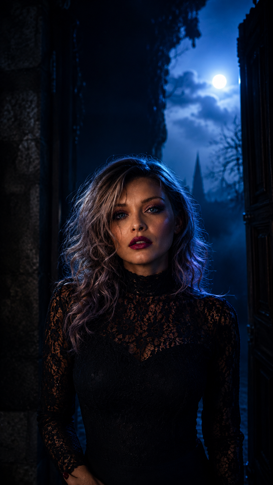 Danielle at a moonlit blue-black threshold in the Ask Me Twice visual era